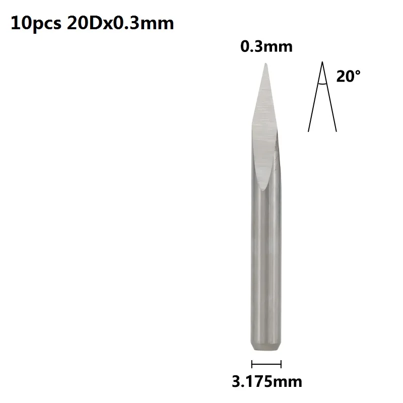 10 шт. 3,175 мм хвостовик 3 край гравирования печатных плат с алмазным напылением для 20 Вт, 30 Вт/40/45/60/90 градусов наконечник 0,1 0,2 0,3 мм пирамиды фрезерный станок с ЧПУ Бит 3D фрезерный станок - Длина режущей кромки: 20Dx0.3mm