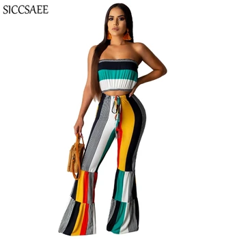 

Striped Print Strapless Outfits For Women Crop Top Bell Bottom Pants Backless 2 Piece Set Tube Overalls Sweat Suit Summer Ruffle