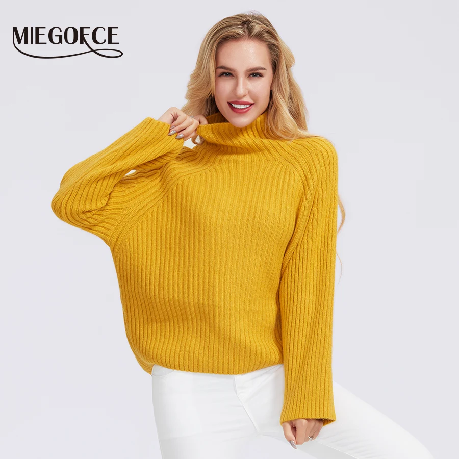 Miegofce 2019 women's winter autumn semi-sweater high collar sweaters female knitted solid color 100% polyester sweater | Женская