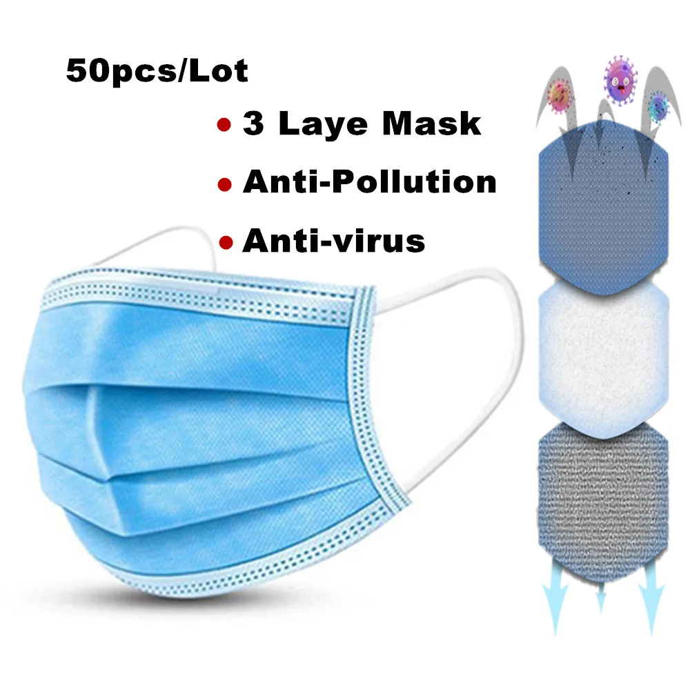 

50pcs Anti-Pollution 3 Laye Mask dust protection Masks Disposable Face Masks Elastic Ear Loop Disposable Dust Filter Safety Mask