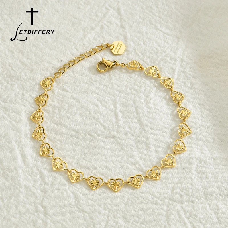 Letdiffery Elegant Hearts Chain Bracelets Golden Stainless Steel Women Engagement Gifts bracelet jewelry