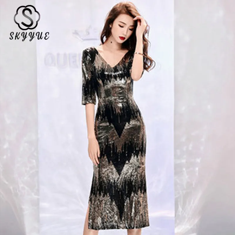 

Skyyue Long Evening Dress 2019 Half-sleeve Crystal Robe De Soiree Zipper Women Party Dresses V-neck Sequin Evening Gown F007