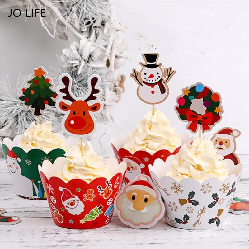 

JO LIFE 12Sets Christmas Border Card Cupcake Paper Cups&Toppers Set Cake Decoration Tool Insert Cards