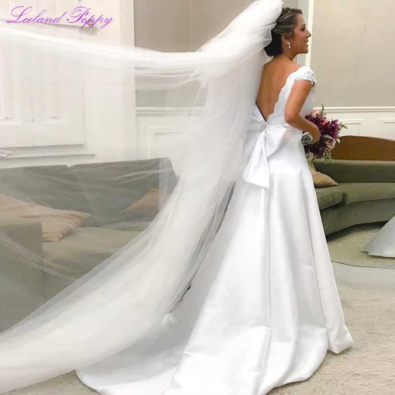 Женские атласные свадебные платья с v-образным вырезом Vestido De Noiva в пол без рукавов без спины вышитый бисером свадебное платье с бантом Пояса
