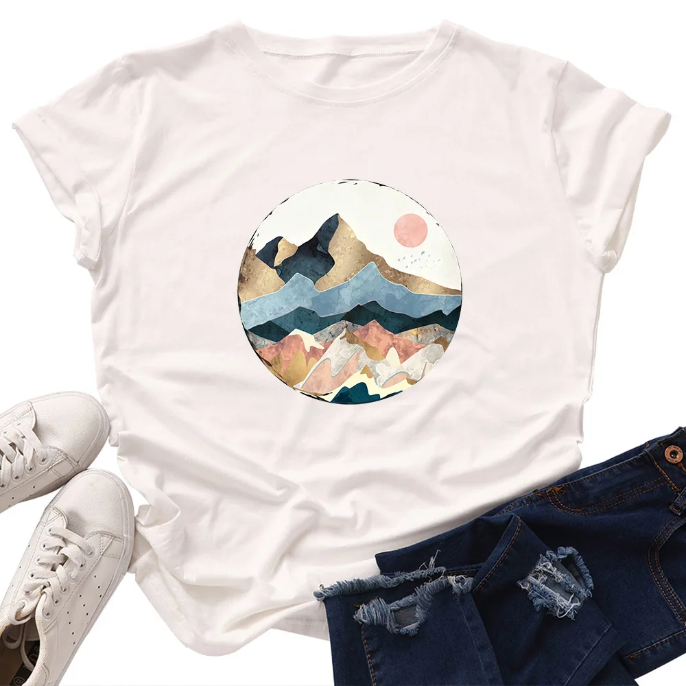 Plus Size Women's Tops T Shirt Creative Golden Mountain Peak Women T-shirt Graphic Funny Print Cotton Tshirt Summer Top Tees