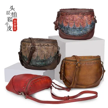

Genuine Leather Female Crossbody Bag Lady Handmade National Style Natural Skin Women Rivet Shoulder Messenger Bags