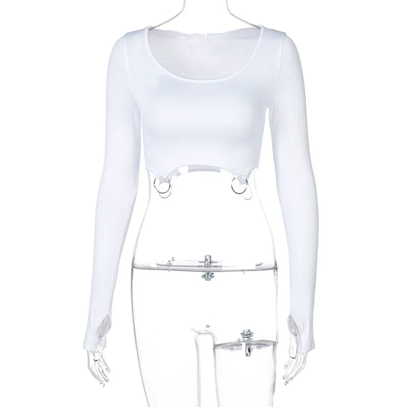 ALLNeon E-girl Aesthetics Slim Ring O-neck Cropped Tops Y2K Fashion Solid Long Sleeve Black T-shirts 90s Streetwear Vintage Fall