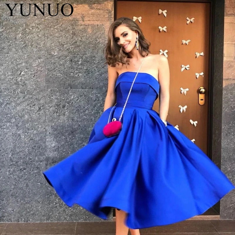 Royal blue YuNuo Королевского синего цвета, короткие платья для выпускного вечера атласное выпускное платье трапециевидной формы без бретелек сексуальное коктейльное платье без рукавов N69 - Цвет: Royal blue