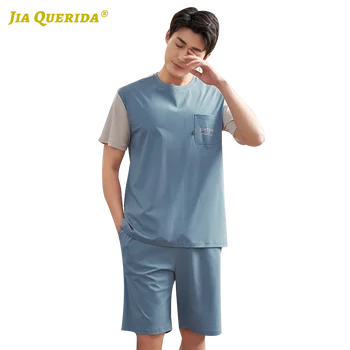 

Fashion Style Crew Neck Blue Pjs Man Sleepwear Fashion Style Casual Style Patchwork Short Sleeve Short Pants Man Pajama Pjs