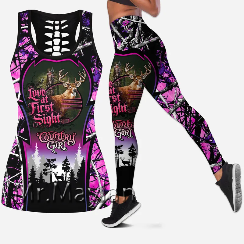 

Sexy Summer Hollow tanktops & Leggings Love Deer Hunting 3D Print Women vest Country Girls Hipster Pink Black Set Drop ship-078