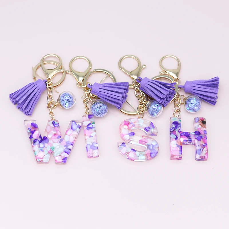 Cute Creative Letter Alphabet Crystal Arylic Liquid Keychain Women Key Chains Ring Car Bag Tassels Pendent Charm Gift Accessory