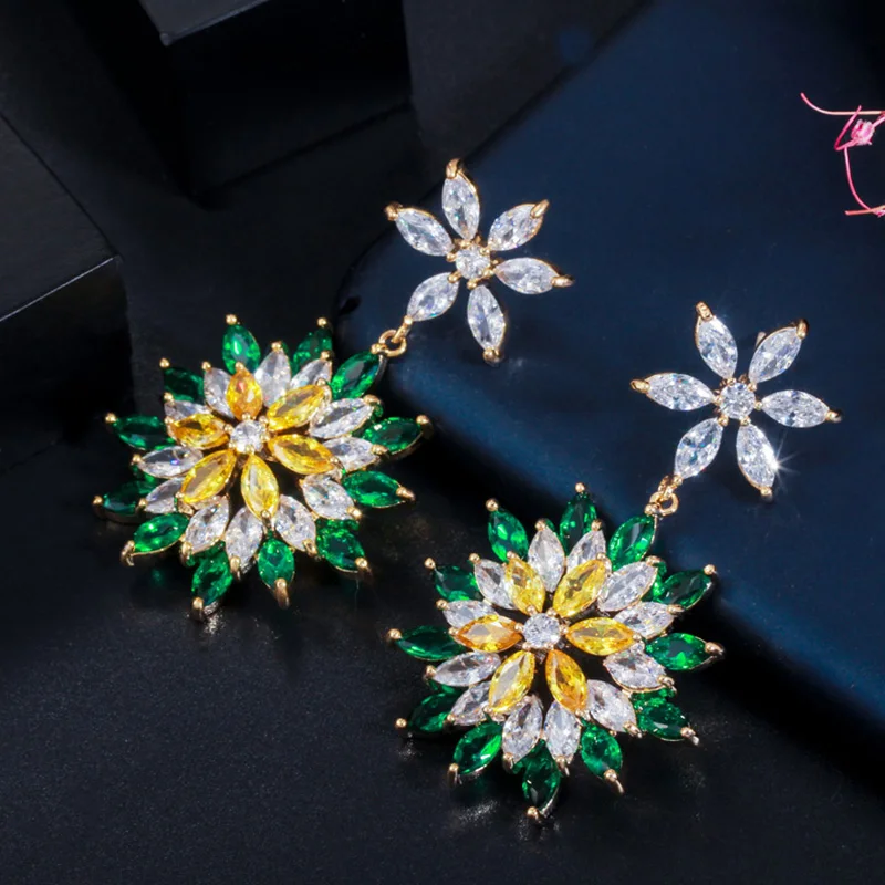 Pera Trendy Marquise Cut Pink Red Cubic Zirconia Setting Big Long Flower Drop Dangle Earrings for Women Fashion Ear Jewelry E452