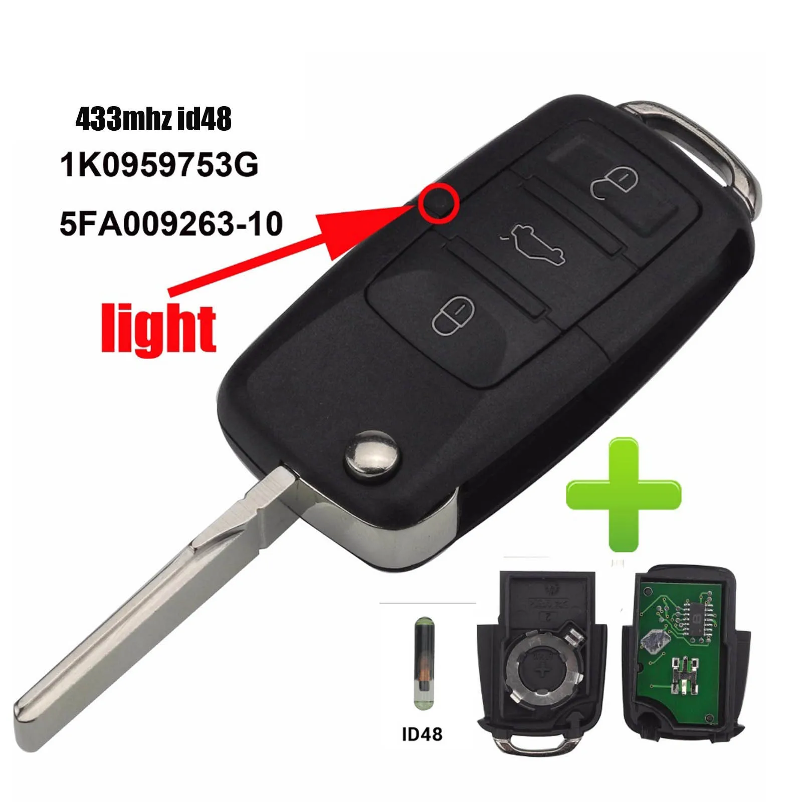 Jingyuqin флип-ключ для VW Volkswagen Golf Passat Polo Jetta Touran Bora Sharan ASK 5FA009263-10 1K0959753G 433 МГц ID48 - Количество кнопок: 1K0959753G
