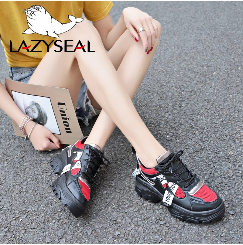 LazySeal/обувь, увеличивающая рост; женские кроссовки; ботильоны для женщин; обувь на шнуровке с круглым носком на массивном каблуке; женский Вулканизация