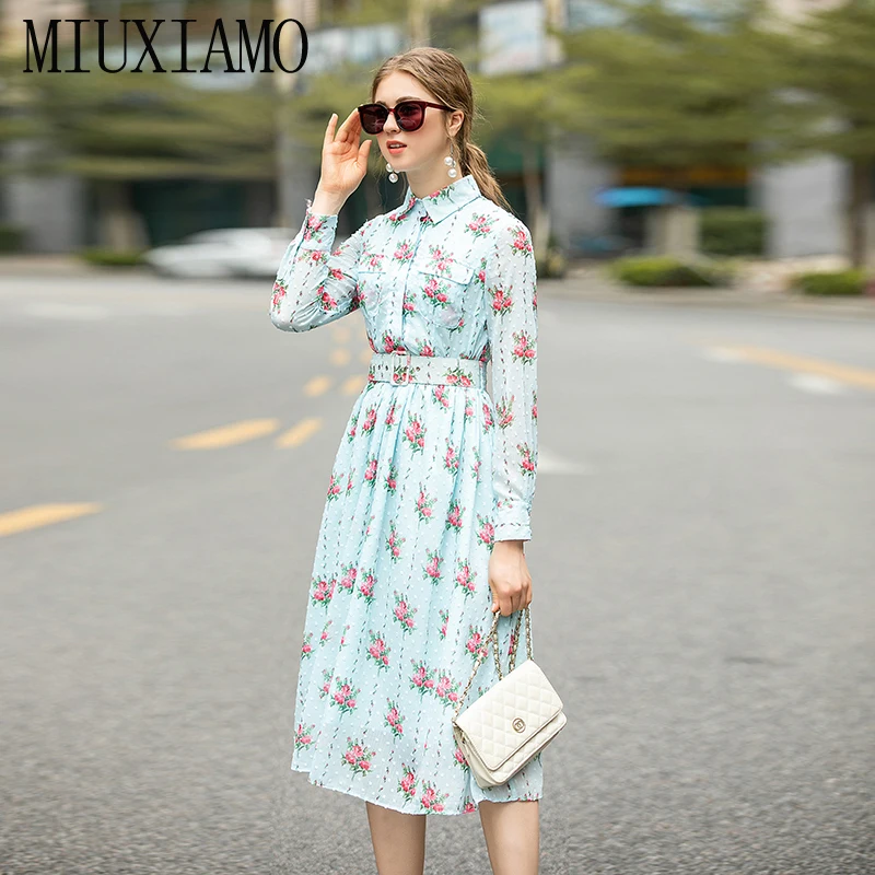 MIUXIMAO, высокое качество, осень и весна, платье с цветочным принтом, офисное, женское, синее, элегантное, Повседневное платье, vestidos с поясом
