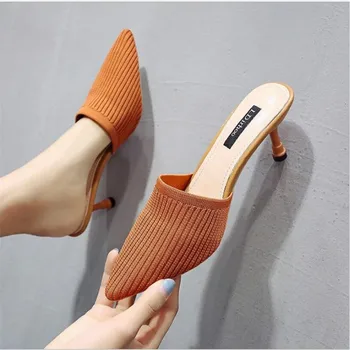 

Sexy Mules Slippers Knitted Sandals Summer Slip On Slides Pointed Toe Lace Mesh fashion Women Shoes 2020