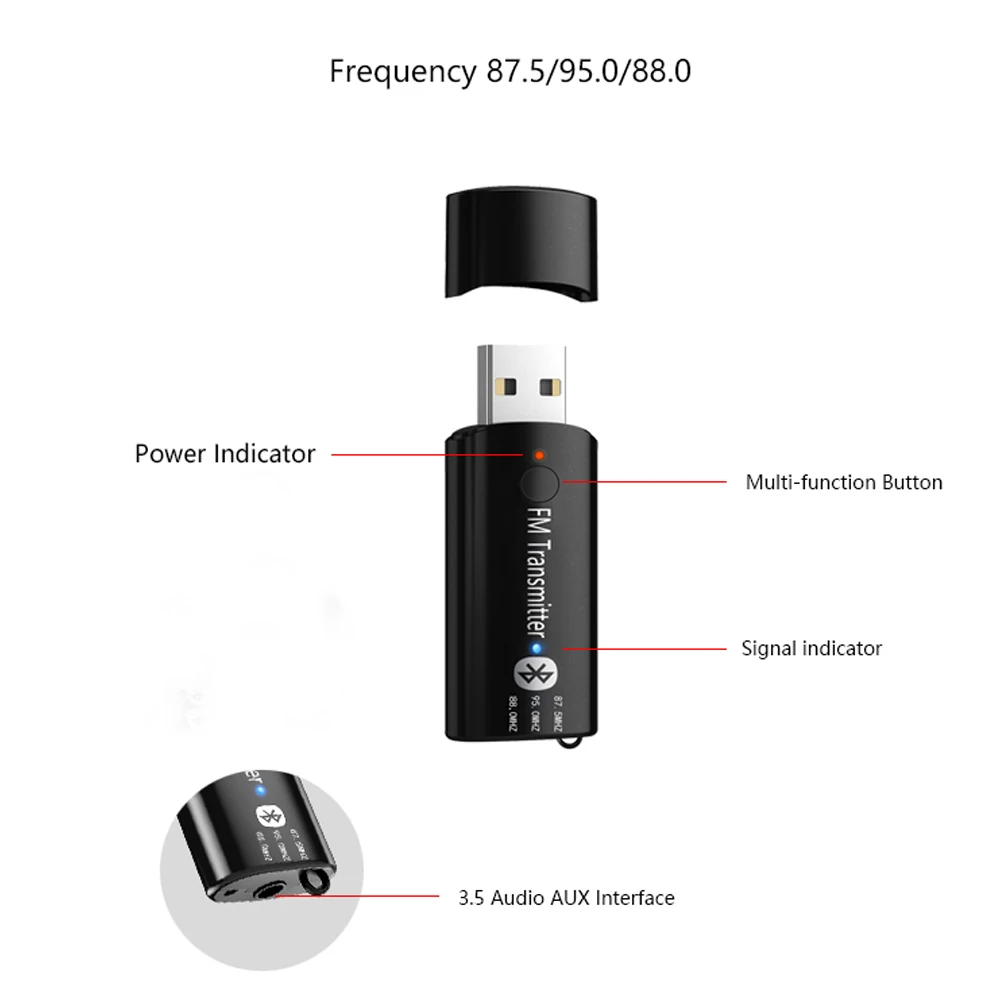 USB Bluetooth Receiver Hands Free Music Adapter Modulator Built In Microphone Audio Stereo FM Transmitter Mini Car Wireless