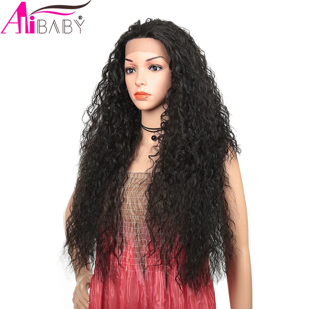 Dianteira do Laço Perucas para Preto Peruca Sintético Polegada Longo Kinky Encaracolado Afro Feminino Uso Diário Natural Preto Sintética Alibaby 28 4 High Quality Apliques e perucas