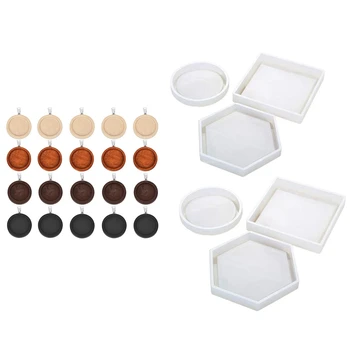 

6 Pcs Silicone Coaster Molds Including Square, Hexagon, Round Molds & 20 Pcs Wooden Oval Pendant Frame, 25Mm