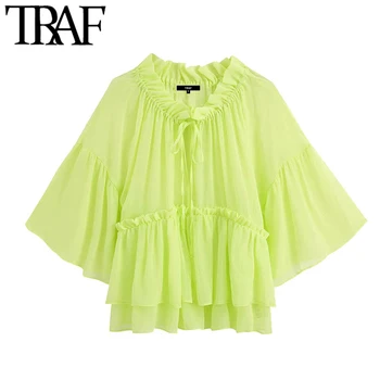 

TRAF Women Fashion Ruffle See Through Blouses Vintage O Neck With Adjustable Ties Half Sleeve Female Shirts Chic Tops