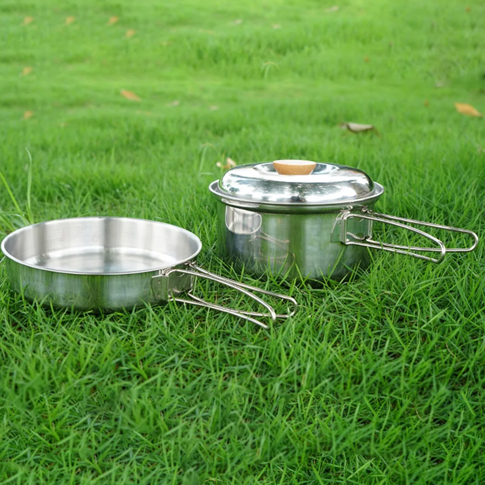 Outdoor Lightweight With Folding Handle Cooking Set Home Pot Pan Durable Hiking Picnic Portable Stainless Steel Easy Clean