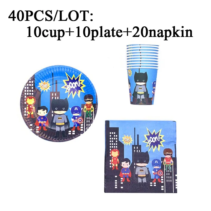 beipanzhi-40pcs Детские тарелки с изображением Бэтмена на день рождения, тарелки с изображением Супермена, вечерние тарелки с героями мультфильмов для вечеринки в честь Дня Рождения, вечерние тарелки с изображением Мстителей - Цвет: beipanzhi-40pcs