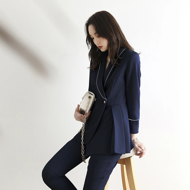 

Autumn Chic Office two Piece Blazer Pant Suits Ladies Button Suit Jacket women & Straight Leg Suit Pants Female Blazer Set JK407