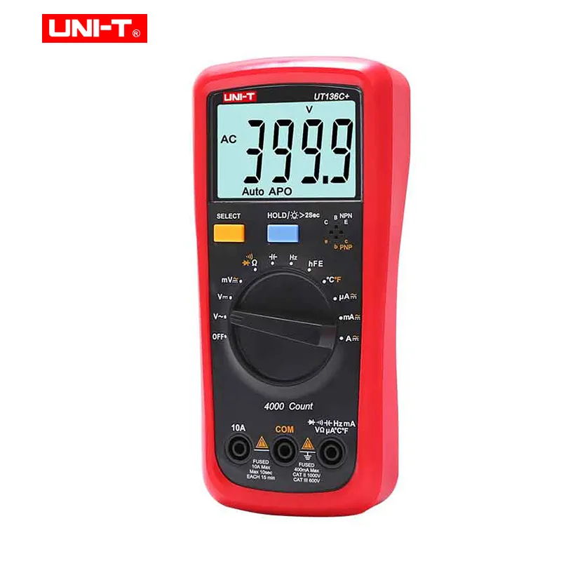 UNI-T UT136C+ цифровой мультиметр с автоматическим диапазоном переменного/постоянного тока, 1000 В, 10 А, мультиметр, 4 раза в секунду, частота дискретизации с тестом температуры HFE