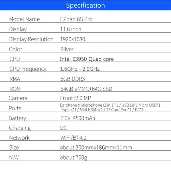 Джемпер EZpad 6s pro/EZpad 6 pro 2 в 1 планшет 11," 1080 P ips планшеты ПК Apollo Lake N3450 6 ГБ DDR3 128 Гб SSD+ 64 Гб eMMC win10