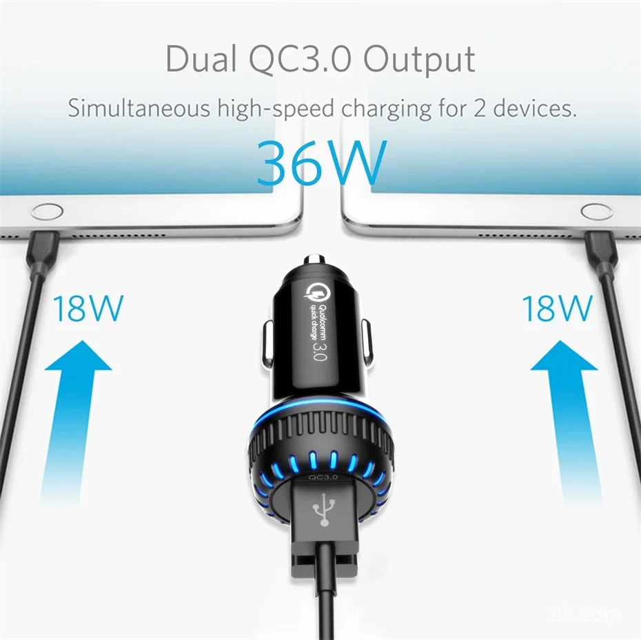Автомобильное зарядное устройство 2 порта USB для huawei xiaomi iphone Fast QC3.0 3A светодиодное