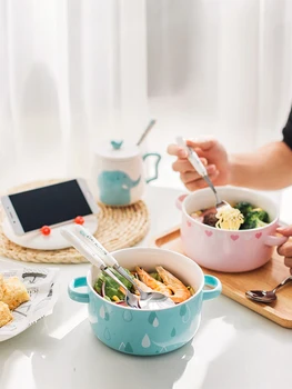 

Cute cartoon instant noodle bowl large capacity double ear ceramic bowl creative soup bowl home eating bowl cup set