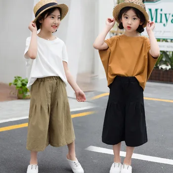 

New Summer Girls Clothing Set Children Cotton Bat Sleeve T-shirts and Wide Leg Pants Teenage Girls Ruffle Outfits 10 12 14 Years
