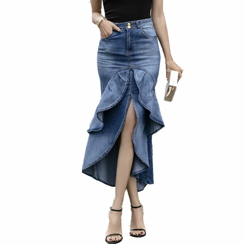 

Vintage Ruffle Summer Skirt Women 2020 Korean Fashion High Waist Gradient Asymmetry Jeans Skirts Ladies Denim Mermaid Skirts