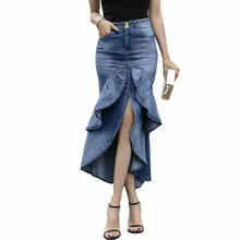 Vintage Ruffle Summer Skirt  Women 2020 Korean Fashion High Waist Gradient Asymmetry Jeans Skirts Ladies Denim Mermaid Skirts