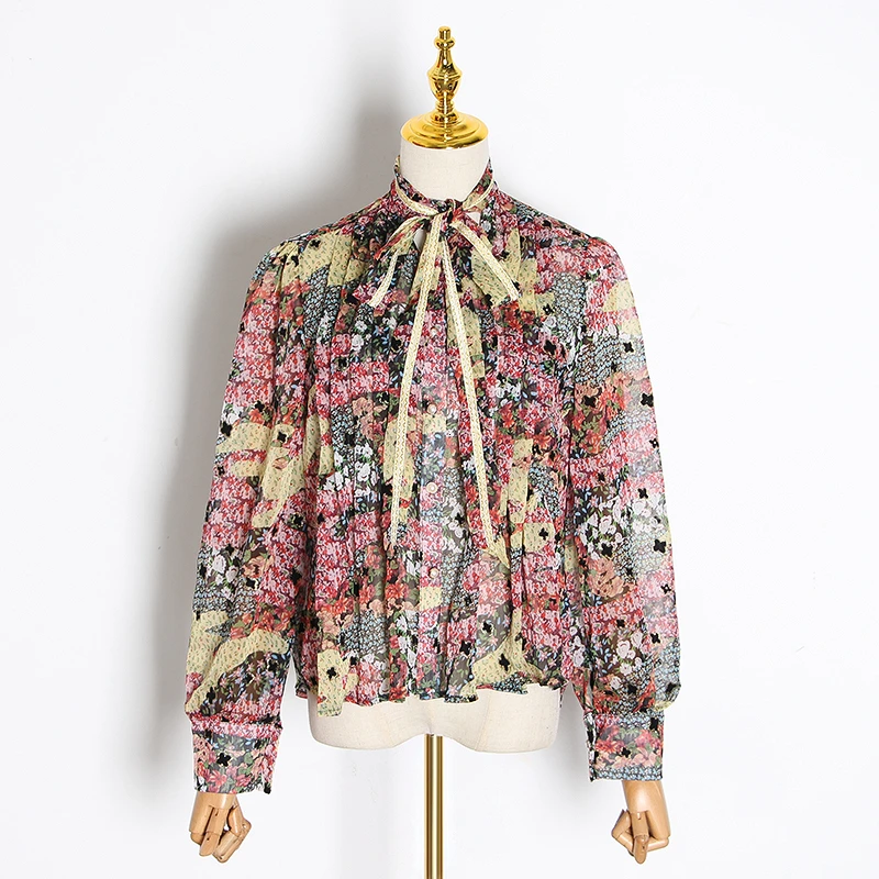 TWOTWINSTYLE Print Patchwork Sequin Women's Shirt Stand Collar Long Sleeve Lace Up Bowknot Autumn Blouse Female Fashion New