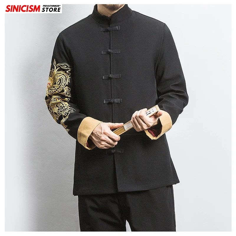 Sinicism Store, новинка, мужская куртка с вышивкой Золотого Дракона, мужские топы в китайском стиле,, мужские осенние утепленные традиционные куртки с пряжкой