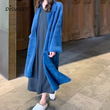 

Korean Mixed Fur Coat Woman Stylish Long Sleeve Lapel Large Pocket Jacket Ladies Simple Solid Color Loose Long Coat Women 2019