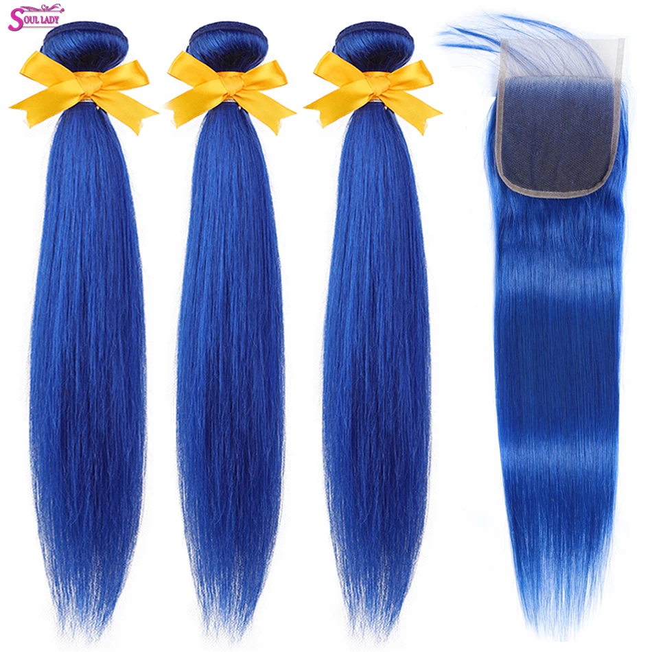 

Soul Lady Blue Bundles With Closure Pre plucked Hairline With Baby Hair Remy Colored Brazilian Straight Human Hair Weave Bundles