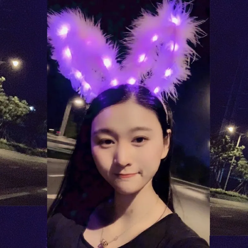 

LED Light Up Headband with Plush Rabbit Ear Outdoor Colorful Glow Hair Band DJ Music Party Headwear Supplies Glowing In Dark