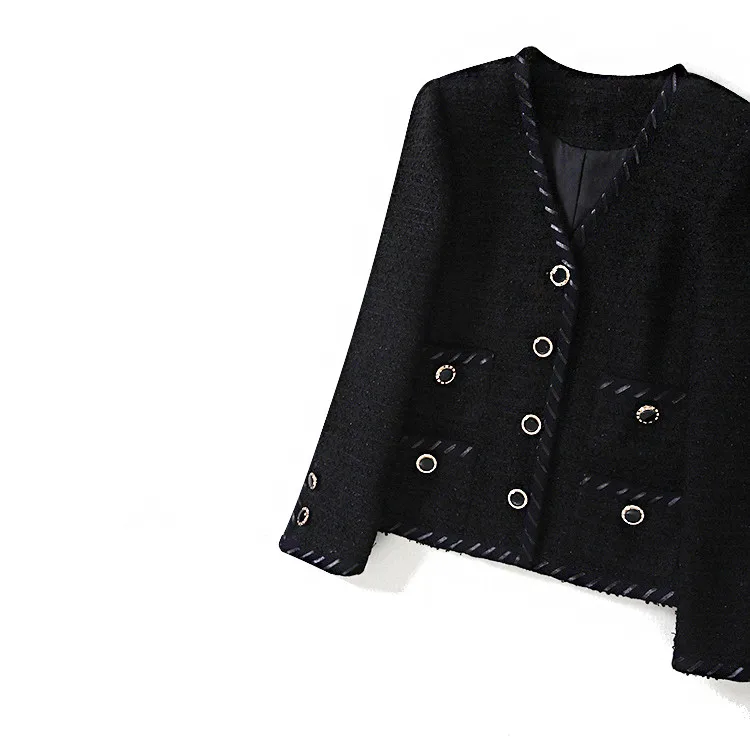 Осеннее женское элегантное короткое пальто с v-образным вырезом высокого качества твидовые куртки B046