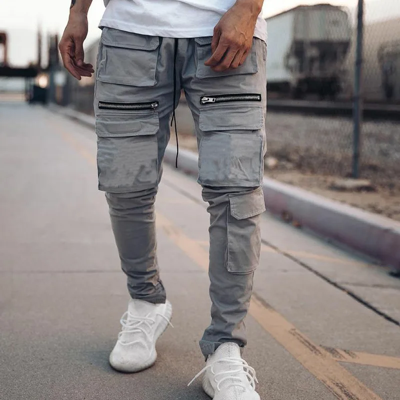 High Street Cargo Pants Men Zipper Big Pocket Mens Casual Slim Fit Workout Trousers Solid  Harajuku Sweatpants Sportswear 2021 cargo pants for men Cargo Pants