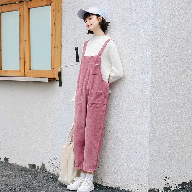 

Corduroy Salopettes Overall Woman Autumn Safari Casual Loose Harem Trousers Female Pink Gray Sweet Jumpsuit