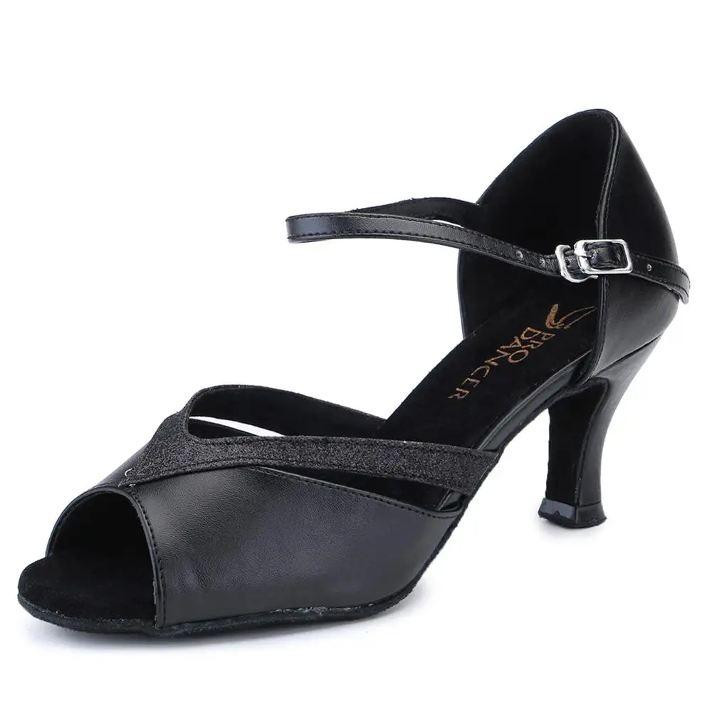Black Pro Dancer Women Ballroom Dance Shoes Salsa Latin Dance Sandals Mid Heel Suede Sole Buckle-up - Цвет: Black