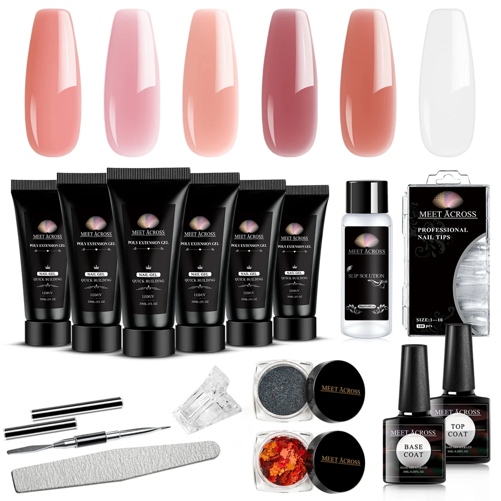 

MEET ACROSS Poly Nail Gel Set LED Pink Clear UV Gel Varnish Nail Polish Art Quick Building Nails Extensions Hard Gel Nail Kit