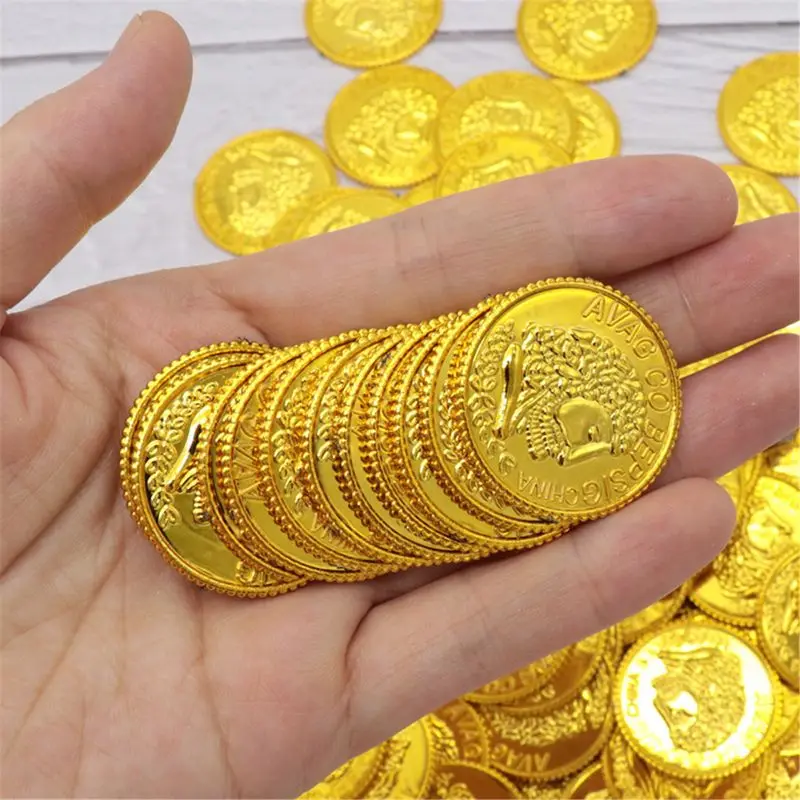 100 Pc BPA Free Plastic Pirate Gold Coins Gold Treasure Play Coins for Play Favor Party Supplies Pirate Party Treasure Hunt Game 3