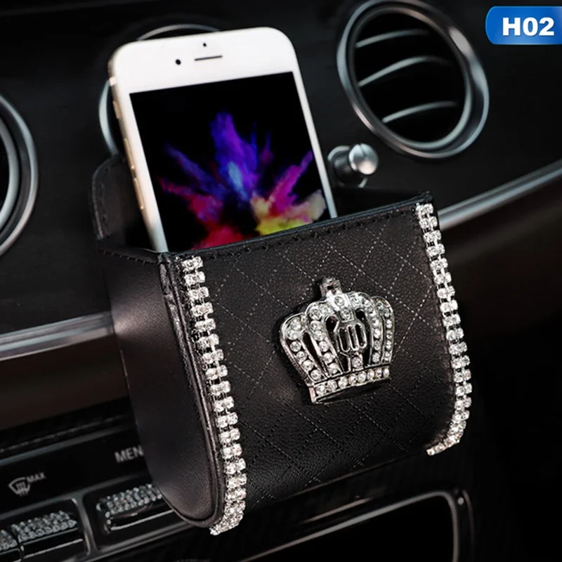 Crown Crystal Leather Car Outlet Air Vent Trash Box Mobile Phone Holder Storage Bag Pouch Car Accessories