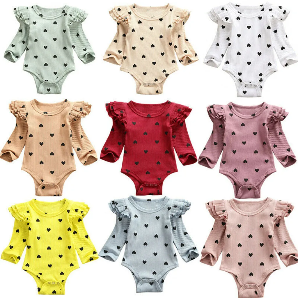 Боди; Одежда для новорожденных; зимняя одежда для новорожденных девочек и мальчиков на День Святого Валентина; с принтом сердца; с оборками; боди с длинными рукавами