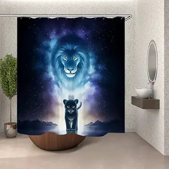 

King Lion and Baby in Galaxy Shower Curtain with 12 Hooks,Waterproof & Durable Polyester Fabric,Lion and Baby Bath Curtains