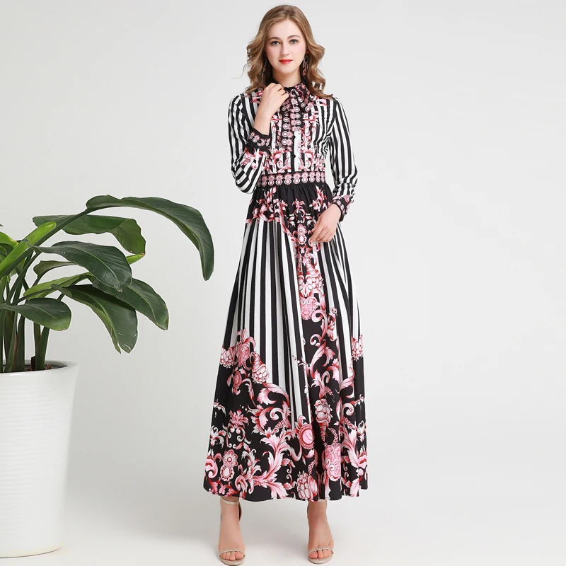 

Red RoosaRosee Designer Runway Women Vintage Flower Print Autumn Long Maxi Dress Elegant Lady Holiday Vestidos Party Robe Femme