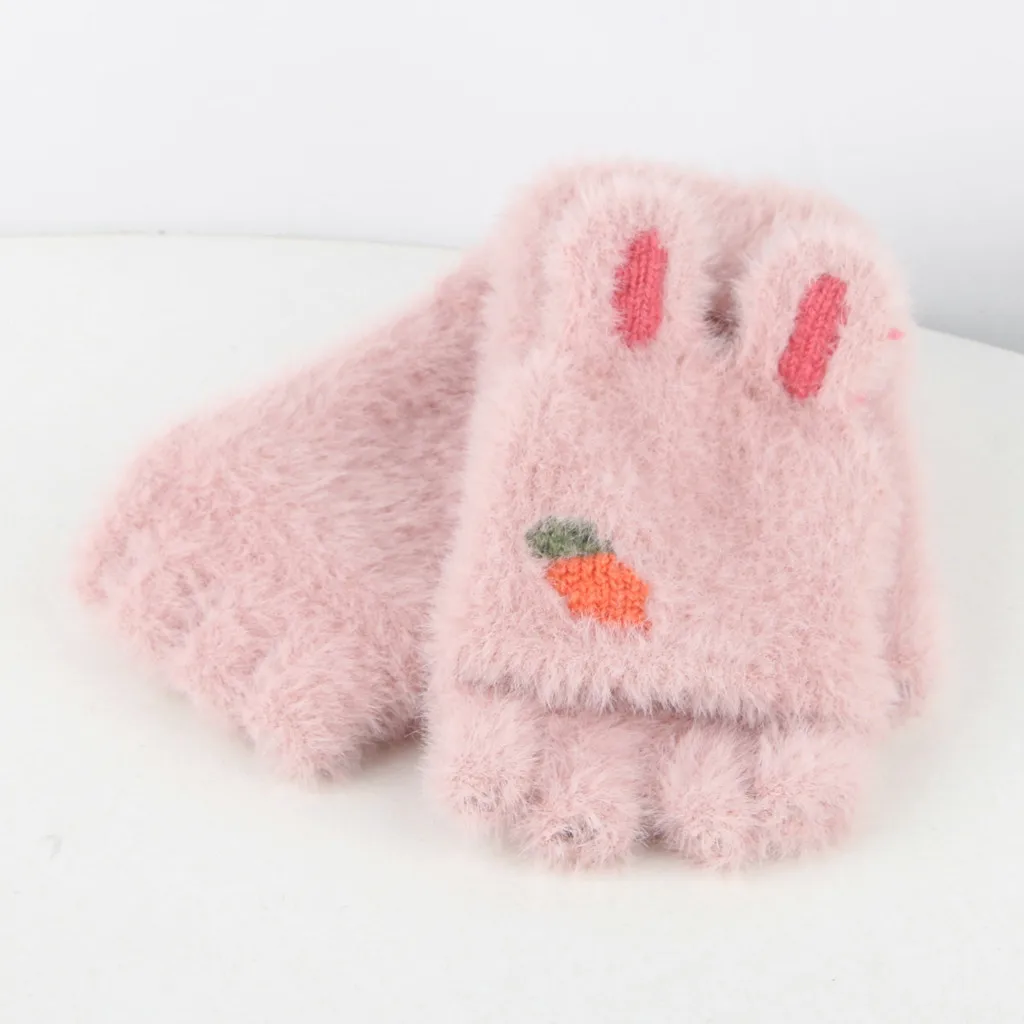 Зимние утолщенные плюшевые перчатки с милым кроликом для женщин и девочек, контрастный цвет, без пальцев, варежки-трансформер, грелка на запястье# DZ